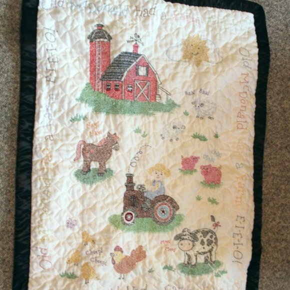 Hand Made Embroidered Baby Blanket Country Quilt Old McDonald Had a Farm EIEIO - Picture 1 of 6